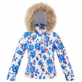 Girls ski jacket blue flower with fake fur