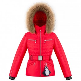 Girls ski jacket scarlet red with fake fur