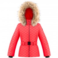 Girls stretch ski jacket embo techno red with fake fur