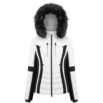 Womens stretch ski jacket white/black with fake fur