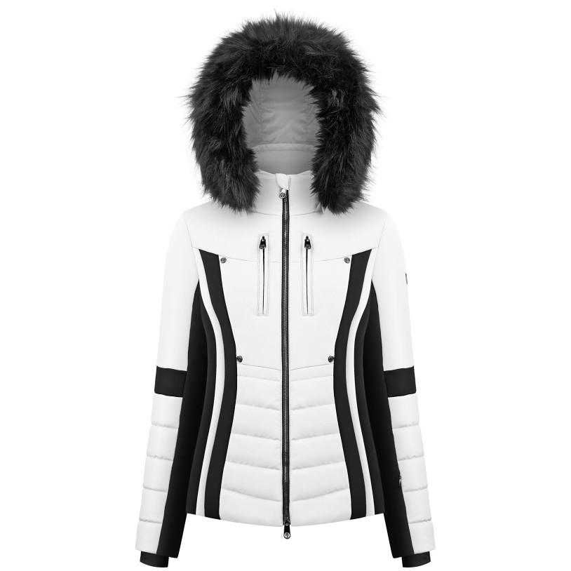 Womens stretch ski jacket white/black with fake fur