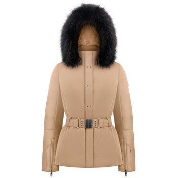 Womens stretch ski jacket almond brown with fake fur