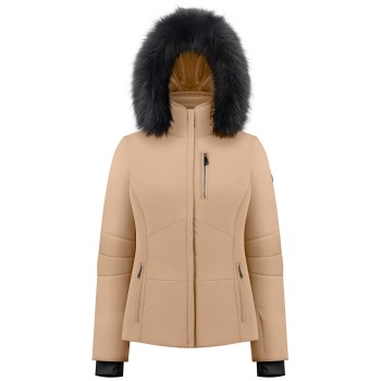 Womens stretch ski jacket almond brown with fake fur