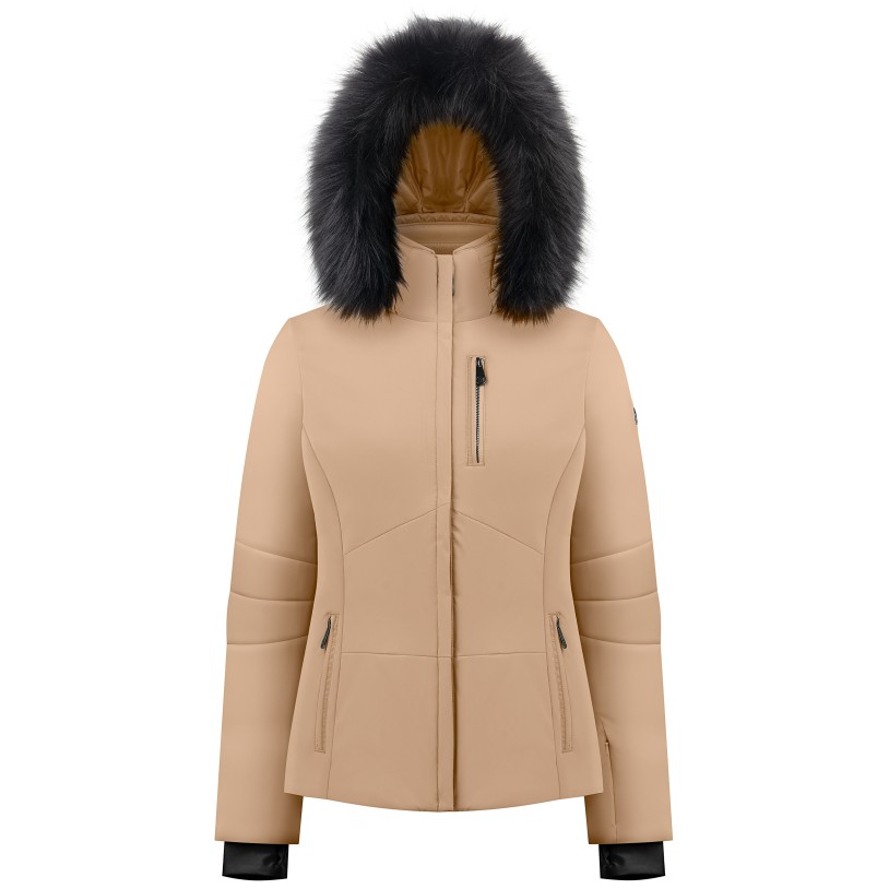 Womens stretch ski jacket almond brown with fake fur