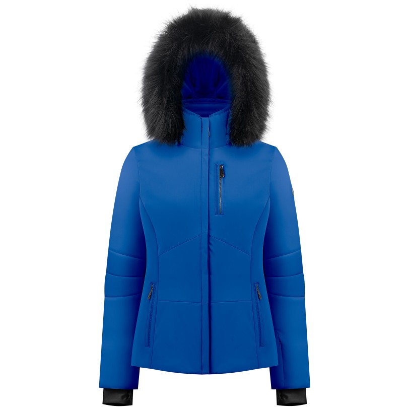 Womens stretch ski jacket infinity blue with fake fur