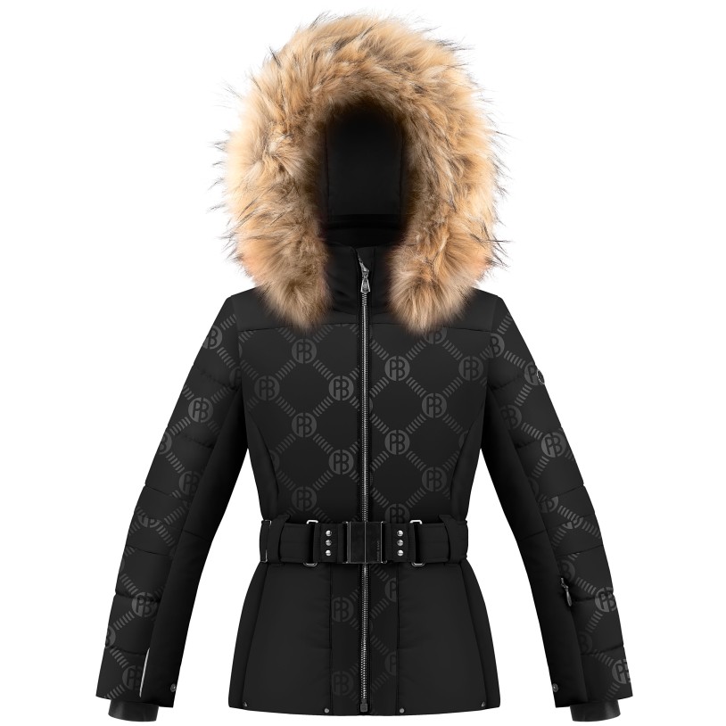 Girls ski jacket embo black with fake fur